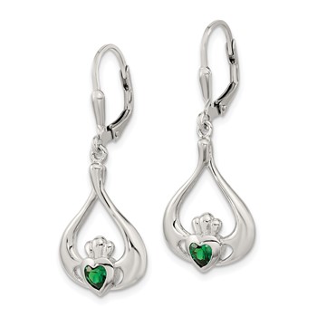 Sterling Silver Rhod-pltd Grn CZ Heart Leverback Claddagh Dangle Earrings — alternate view