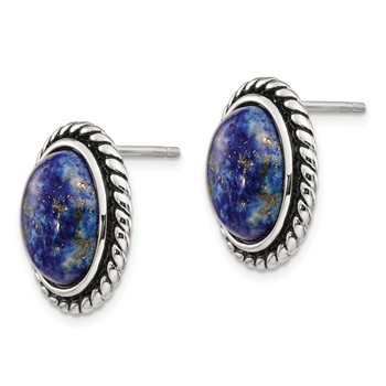 Sterling Silver Polished/Antiqued Lapis Cabochon Post Earrings — alternate view