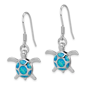 Sterling Silver Rhodium-plated Polished Created Blue Opal Turtle Shepherd Hook Earrings — alternate view