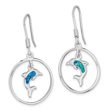 Sterling Silver Rhodium-plated Polished Created Blue Opal Dolphin Dangle Earrings — alternate view