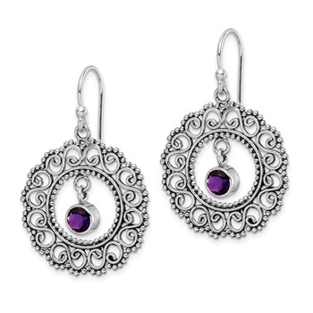 Sterling Silver Rhodium-plated Antiqued Filigree Amethyst Dangle Earrings — alternate view