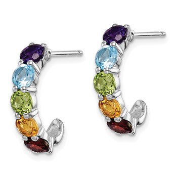 Sterling Silver Rhodium-plated Multi Gemstone J-Hoop Earrings — alternate view