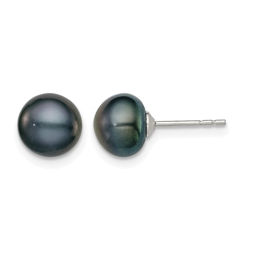 Sterling Silver Rh-plated 7-8mm Black FW Cultured Button Pearl Stud Earring