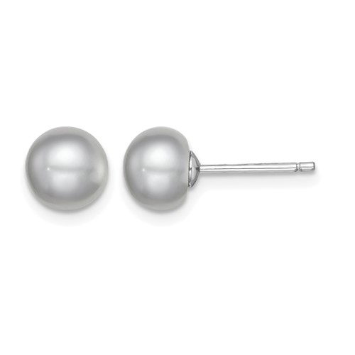 Sterling Silver Rh-plated 7-8mm Grey FW Cultured Button Pearl Stud Earrings