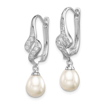 Sterling Silver Rhodium-plated 7-8mm White Teardrop Freshwater Cultured Pearl and CZ Dangle Leverback Earrings — alternate view