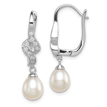 Sterling Silver Rhodium-plated 7-8mm White Teardrop Freshwater Cultured Pearl and CZ Dangle Leverback Earrings