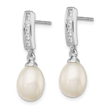 Sterling Silver Rhodium-plated 8-9mm White Rice Freshwater Cultured Pearl and CZ Post Dangle Earrings — alternate view