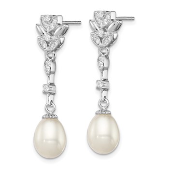 Sterling Silver Rhodium-plated 8-9mm White Teardrop Freshwater Cultured Pearl and CZ Post Dangle Earrings — alternate view
