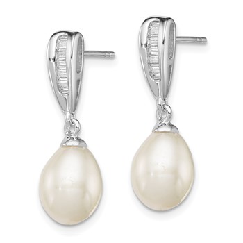 Sterling Silver Rhodium-plated 7-8mm White Rice Freshwater Cultured Pearl and CZ Post Dangle Earrings — alternate view