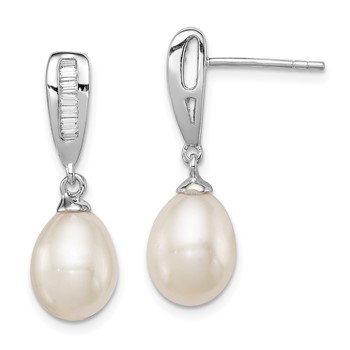 Sterling Silver Rhodium-plated 7-8mm White Rice Freshwater Cultured Pearl and CZ Post Dangle Earrings