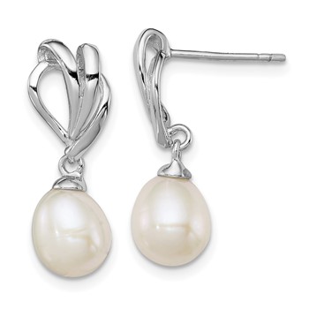 Sterling Silver Rhodium-plated 7-8mm White Rice Freshwater Cultured Pearl Post Dangle Earrings