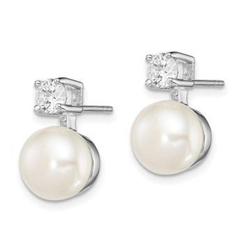 Sterling Silver Rhodium-plated 7-8mm White Button Freshwater Cultured Pearl and CZ Post Earrings — alternate view