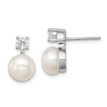 Sterling Silver Rhodium-plated 7-8mm White Button Freshwater Cultured Pearl and CZ Post Earrings
