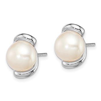 Sterling Silver Rhodium-plated 8-9mm White Button Freshwater Cultured Pearl Post Earrings — alternate view