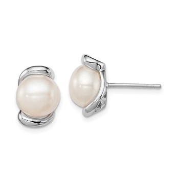 Sterling Silver Rhodium-plated 8-9mm White Button Freshwater Cultured Pearl Post Earrings