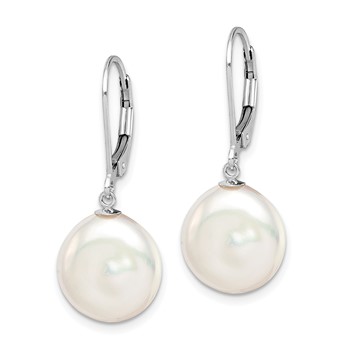 Sterling Silver Rhodium-plated 12-13mm White Coin Freshwater Cultured Pearl Leverback Dangle Earrings — alternate view