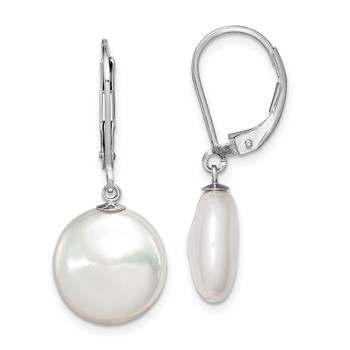 Sterling Silver Rhodium-plated 12-13mm White Coin Freshwater Cultured Pearl Leverback Dangle Earrings