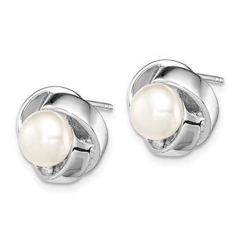 Sterling Silver Rhodium-plated 6-7mm White Button Freshwater Cultured Pearl Knot Post Earrings — alternate view