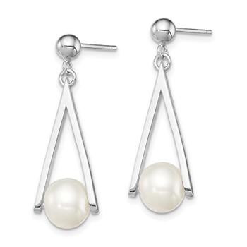 Sterling Silver Rhodium-plated 8-9mm White Semi-Round Freshwater Cultured Pearl Triangle Post Dangle Earrings — alternate view