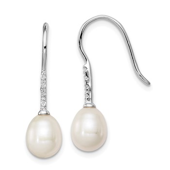 Sterling Silver Rhodium-plated 7-8mm White Teardrop Freshwater Cultured Pearl and CZ Dangle Earrings