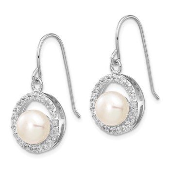 Sterling Silver Rhodium-plated 7-8mm White Button Freshwater Cultured Pearl and CZ Dangle Earrings — alternate view