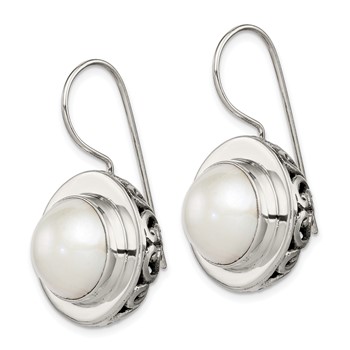 Sterling Silver Polished & Antiqued Fancy Filigree White 12-13mm Freshwater Cultured Mabe Pearl Dangle Earrings — alternate view