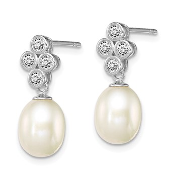 Sterling Silver Rhodium-plated 7-8mm White Rice Freshwater Cultured Pearl and CZ Post Dangle Earrings — alternate view