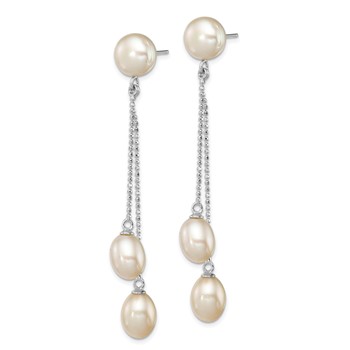 Sterling Silver Rhodium-plated 6-9mm White Rice and Button Freshwater Cultured 3-Pearl Post Dangle Earrings — alternate view