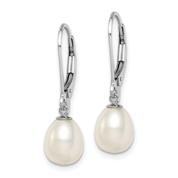 Sterling Silver Rhodium-plated 7-8mm White Teardrop Freshwater Cultured Pearl Leverback Dangle Earrings — alternate view