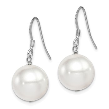 Sterling Silver Rhodium-plated 12-13mm White Round Shell Bead Dangle Earrings — alternate view