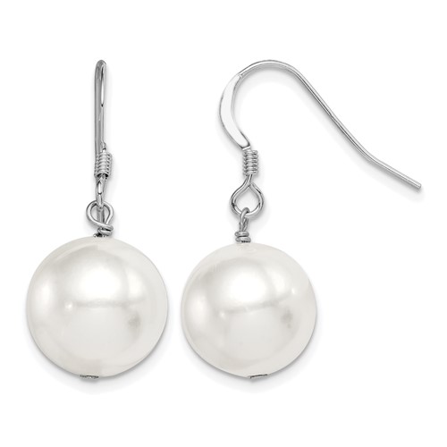 Sterling Silver Rhodium-plated 12-13mm Round Shell Bead Dangle Earrings