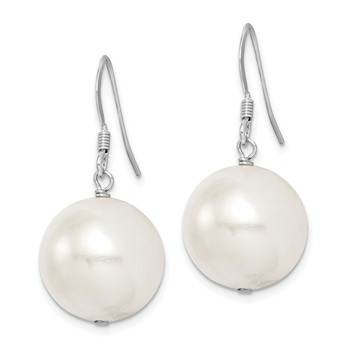 Sterling Silver Rhodium-plated 14-15mm White Round Shell Pearl Dangle Earrings — alternate view