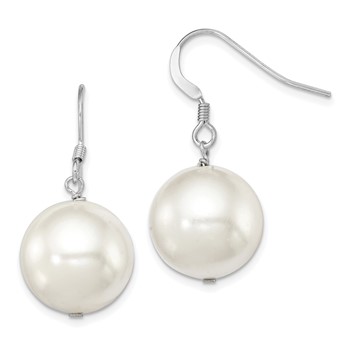 Sterling Silver Rhodium-plated 14-15mm White Round Shell Pearl Dangle Earrings
