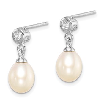 Sterling Silver Rhodium-plated 7-8mm White Rice Freshwater Cultured Pearl and CZ Post Dangle Earrings — alternate view