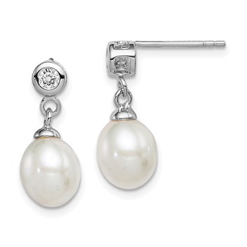 Sterling Silver Rhodium-plated 7-8mm White Rice Freshwater Cultured Pearl and CZ Post Dangle Earrings