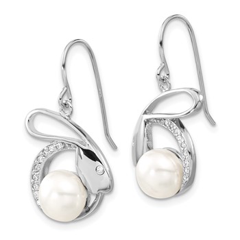 Sterling Silver Polished Freshwater Cultured Pearl & CZ Rabbit Dangle Earrings — alternate view