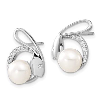 Sterling Silver Polished Freshwater Cultured Pearl & CZ Rabbit Post Earrings — alternate view