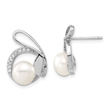Sterling Silver Polished Freshwater Cultured Pearl & CZ Rabbit Post Earrings