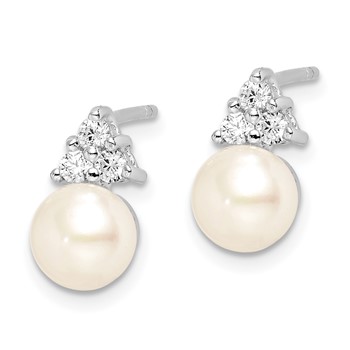 Sterling Silver Rhodium-plated 6-7mm White Button Freshwater Cultured Pearl and CZ Post Earrings — alternate view