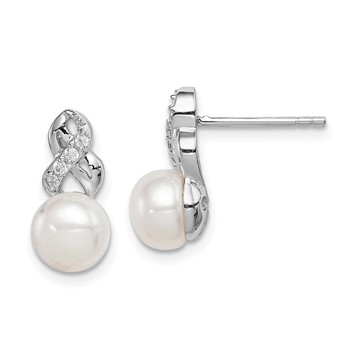 Sterling Silver Rhodium-plated 6-7mm White Button Freshwater Cultured Pearl and CZ Post Earrings