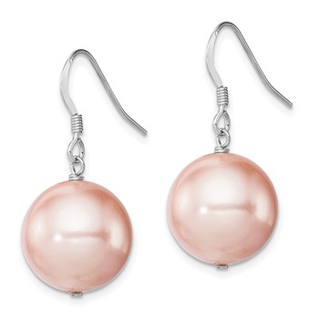 Sterling Silver Rhodium-plated 14-15mm Pink Round Shell Pearl Dangle Earrings — alternate view