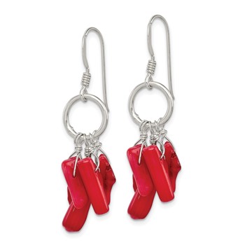 Sterling Silver Polished Red Coral & Circle Dangle Earrings — alternate view