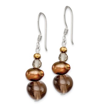 Sterling Silver Polished FWC Pearl, Crystal & Smoky Quartz Dangle Earrings — alternate view