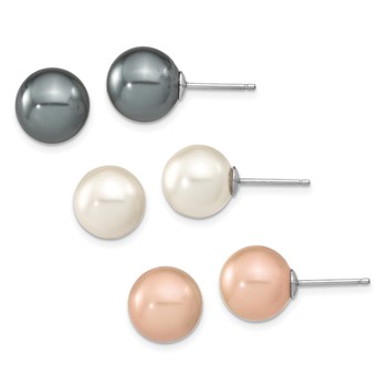 "Sterling Silver Rhodium-plated 10-11mm Black, White and Pink Round Imitation Shell Pearl Set of 3 Post Earrings"