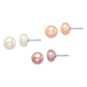 "Sterling Silver Rhodium-plated 8-9mm White, Pink and Purple Button Freshwater Cultured Pearl Set of 3 Post Earrings"