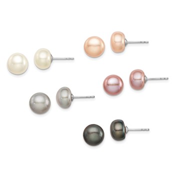 "Sterling Silver Rhodium-plated 8-9mm Pink, White, Purple, Grey and Black Button Freshwater Cultured Pearl Set of 5 Post Earrings"