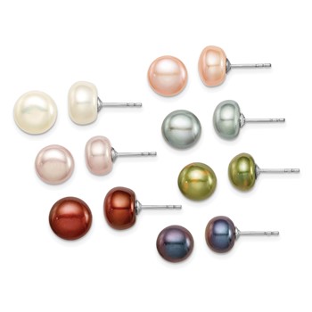 Sterling Silver Rhodium-plated 8-9mm Multi-color Button Freshwater Cultured Pearl Set of 7 Post Earrings