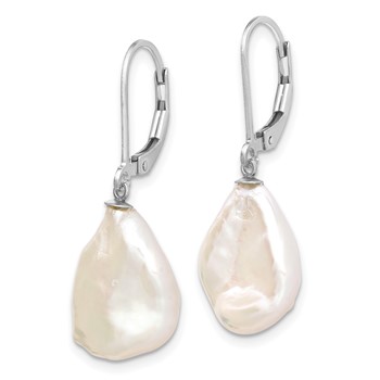 Sterling Silver Rhodium-plated 13-15mm White Keshi Freshwater Cultured Pearl Leverback Dangle Earrings — alternate view