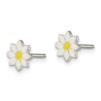 Sterling Silver Polished Yellow & White Enameled Flower Children's Post Earrings — alternate view