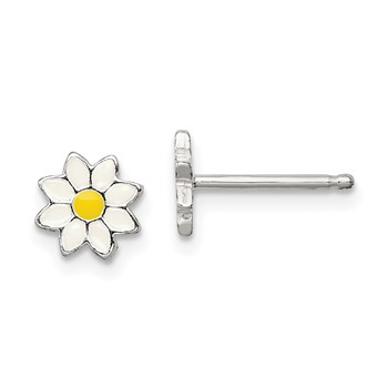 Sterling Silver Polished Yellow & White Enameled Flower Children's Post Earrings